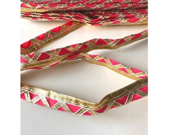 Embroidered Lace Trim, Coral red and gold, Trim Ribbon, By the yard, Thread embroidery, Indian sari lace, 0.5 inch wide lace, designer trim