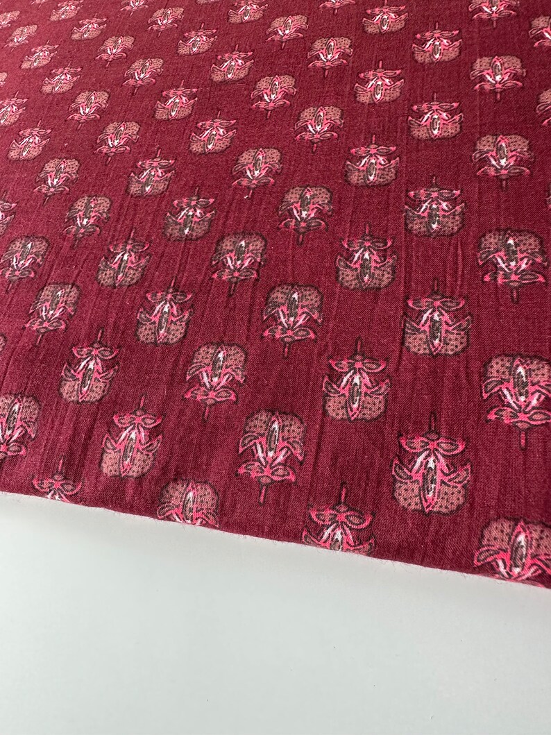 Maroon Hand Block Printed Cotton, Holiday Print, Madder dyed fabric, Combination block print fabric 170 cms Cuts, Indian cambric Cotton image 3