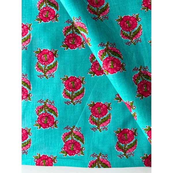 Tissu imprimé à la main, tissu en coton indien, bleu turquoise et rose fuchsia, l'unité, tissu pour la mode, cadeau pour couturière