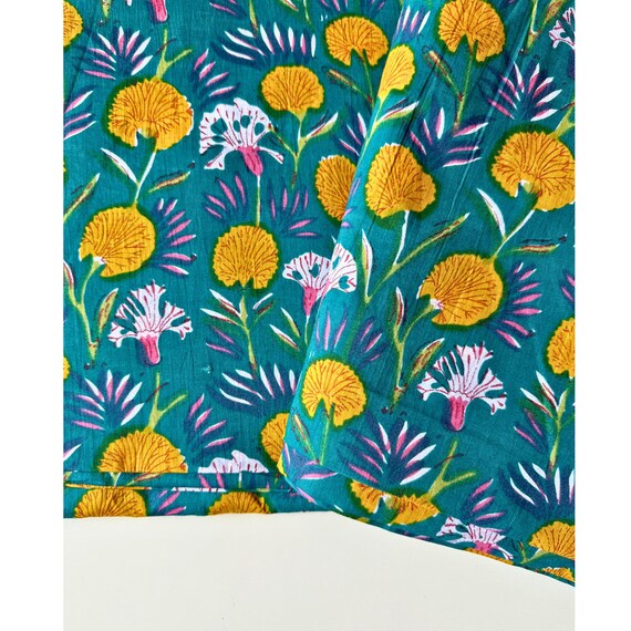 Peacock Green and Marigold Flower hand block print Indian Cotton Fabric, Hand stamped fabric, by the yard, Artisan fabric, Vintage Print