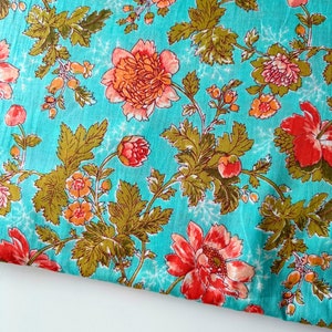 Mint Olive Green and Coral floral block printed fabric, By the yard, Indian Block Print Light weight cotton, Sewing Material quilting Fabric