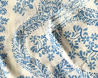 Hand Block Print Cotton Fabric, Mughal Blue Floral, Sewing Quilting