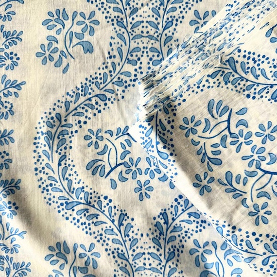 Hand Block Print Fabric, Indian Fabric, Blue and White Fabric, Mughal Buta Print, By the yards, Quilting Sewing dressmaking cotton
