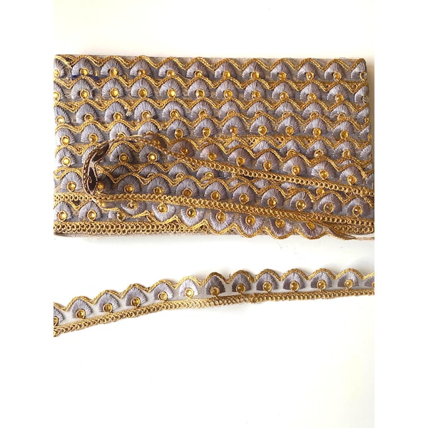 Gray embroidered Golden stone net Trim, Clear stone beaded trim, Flat back trim, 2.5 cms width, Indian Lace, Narrow decoration border Trim
