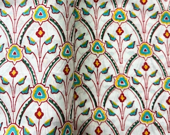 White Floral Block Print Cotton Fabric, Hand Block Printed Indian Cotton, Sewing Fabric by Yard,Quilting Textile, Apparel & Wholesale Fabric