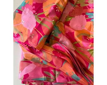 Printed Viscose Rayon in Pink Orange and Gold foil Print, Luxurious Draping Fabric, Va Va Voom Print By The Yard, Couture Fabric