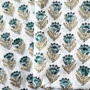 White and  Blue Hand Block Print, Buti Printed fabric, by the yard , Indian Cotton, Indian Block Printed Flower, Quilting sewing.