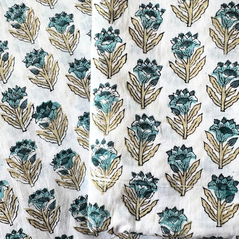 Blue - Thread Buti Border Cotton Fabric 05