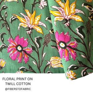 Floral Print on Twill Weave, Printed Cotton by the yard, Green and pink floral Indian Cotton, Dressmaking fabric, Home and Fashion fabric