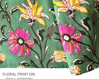 Floral Print on Twill Weave, Printed Cotton by the yard, Green and pink floral Indian Cotton, Dressmaking fabric, Home and Fashion fabric