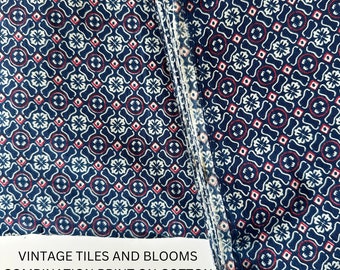 Indigo Blue Tile Print Cotton Fabric, Geometric Vintage Block Print, Lightweight Sewing & Quilting Fabric by the Yard, Apparel Textiles