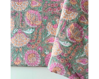 Block Print Garden Design Fabric in Beige and Pink, Indian Fabric 2.55 yard Cuts, Bohemian Print, Indian Cotton, Sewing quilting fabric