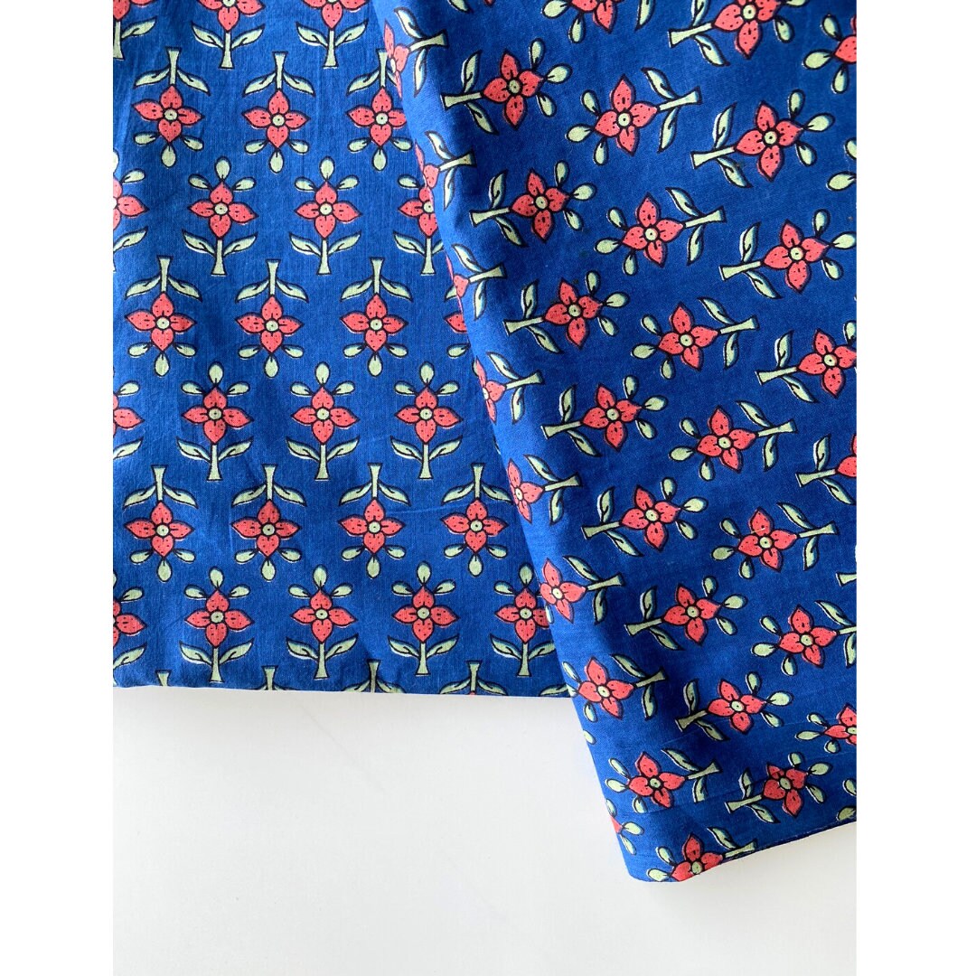 Indian Block Printed Hand Stamped Fabric, by the Yards Buti Print, Indigo Blue and Red Hand