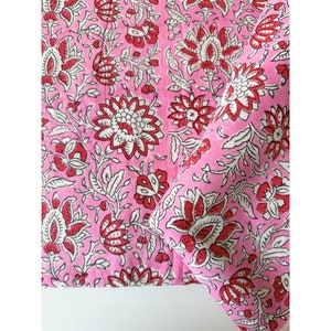 Block Printed Cotton Fabric, Hand stamped fabric, table printed fabric, Red flower On Pink Fabric, Home fashion print, Quilting fabric