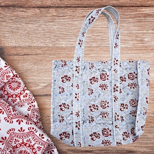 Quilted Cotton Reversible Tote Bag - Red floral Handprint Reversible Large Tote Bag Eco friendly Sustainable Sturdy Shopping bag