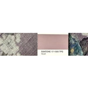 May include: A color palette featuring fabric swatches and a Pantone color card. The fabric swatches display floral patterns in shades of gray, purple, and blue. The Pantone card shows the color "Quail" with the code 17-1505 TPG.