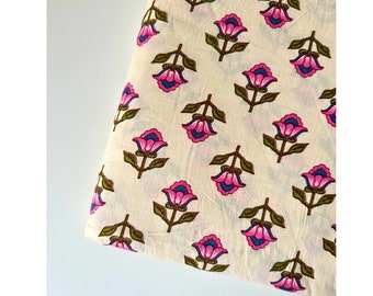 Lotus Hand Block Print Fabric, Indian Fabric, Sewing Quilting Fabric, Pink and Cream fabric, By the Yard, off white fabric, Combo Print