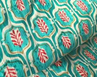 Teal Pink Floral Cotton Cambric, Indian Block Print, Quilting Sewing Fabric