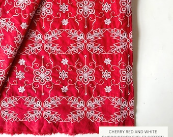Cherry Red Embroidered Cotton Fabric, White Floral Embroidery, Eyelet Lace Fabric, Quilting Fabric, Dressmaking Fabric