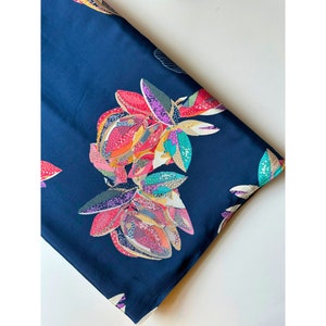 Dark Blue Vermillion Gold Foil Printed Viscose Rayon Fabric , Drapey Sewing Fabric, Dressmaking Material, Quilt & Wholesale Yardage