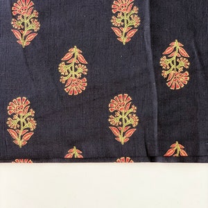Block Print fabric, Floral Buti Print, Black Indian Cotton, Flax Linen Texture Fabric, 1 yard cuts , Dressmaking, Home Linen Fashion Fabric