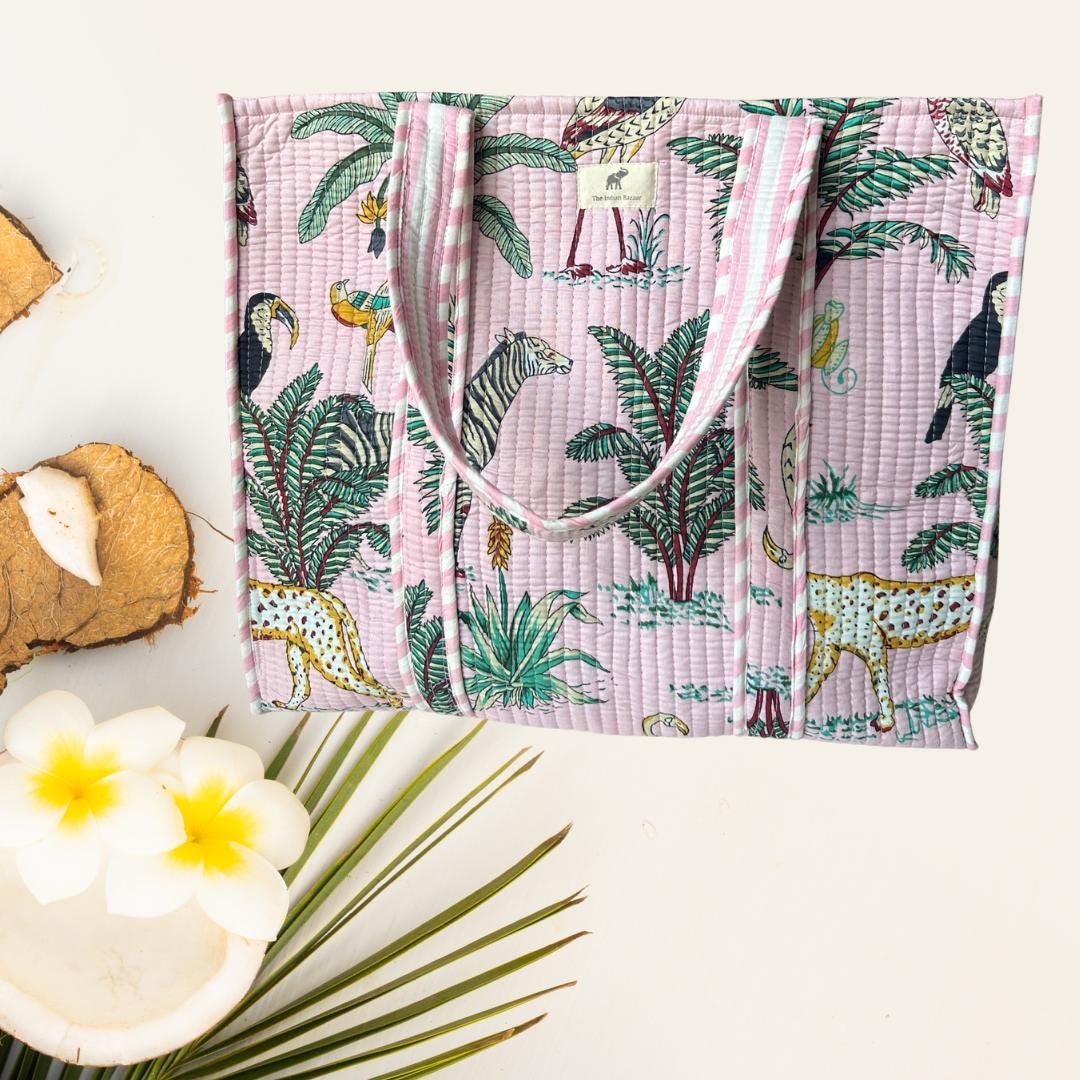 Quilted Cotton Reversible Tote Bag - Pink Forest Print Handprinted ...