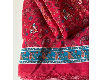 Luxurious and rich Deep Red With Teal Blue Border Print,  Paisley pattern, Indian Viscose Crepe Shiny and Smooth flow fabric By The Yard