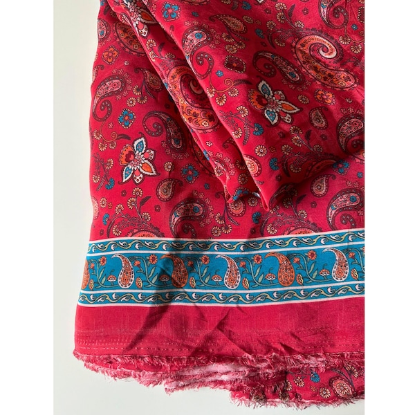 Luxurious and rich Deep Red With Teal Blue Border Print,  Paisley pattern, Indian Viscose Crepe Shiny and Smooth flow fabric By The Yard