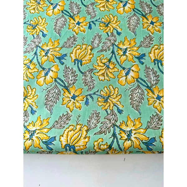 Floral print in Green and yellow, Indian Cotton, Green Floral Garden print Fabric, Dress making Fabric, Home and Fashion fabric, By The yard