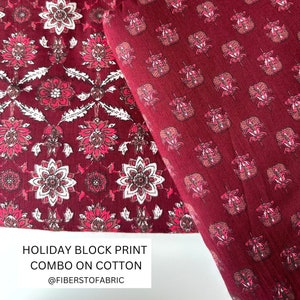 Maroon Hand Block Printed Cotton, Holiday Print, Madder dyed fabric, Combination block print fabric 170 cms Cuts, Indian cambric Cotton image 7