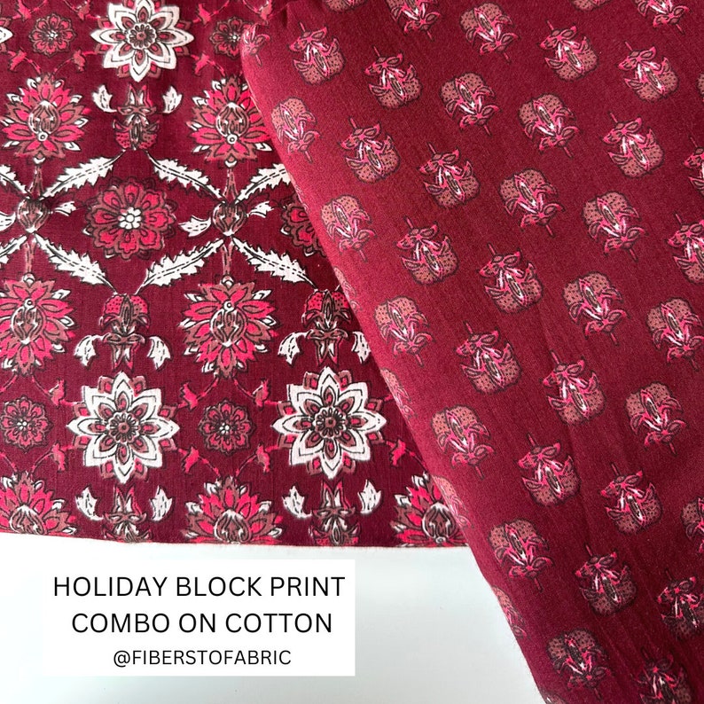 Maroon Hand Block Printed Cotton, Holiday Print, Madder dyed fabric, Combination block print fabric 170 cms Cuts, Indian cambric Cotton image 7