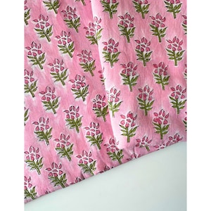 Pink Lily Print, Hand Block Printed Indian Cotton Fabric, 1.00yards Cuts, Pink and Green, Sewing Quilting Fabric, Hand stamped Print