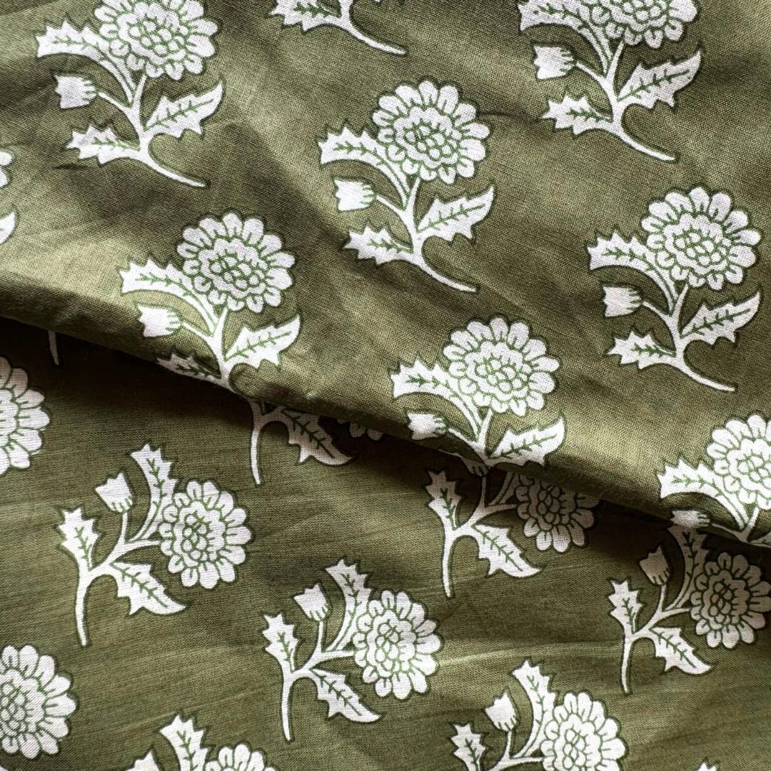 Olive Green and White Floral Print Cambric Fabric, By The Yard, Indian Cotton Fabric, Quilting and Sewing Fabric Light weight.