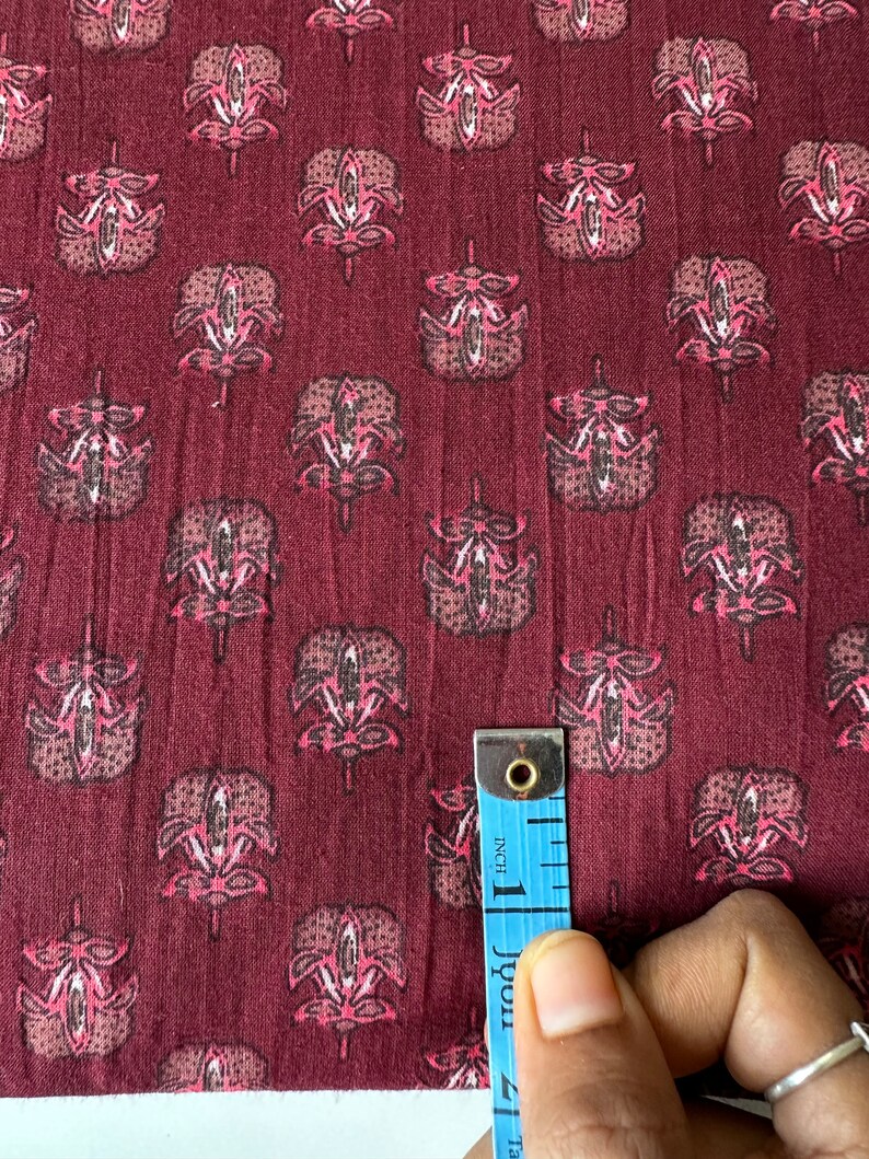 Maroon Hand Block Printed Cotton, Holiday Print, Madder dyed fabric, Combination block print fabric 170 cms Cuts, Indian cambric Cotton image 6