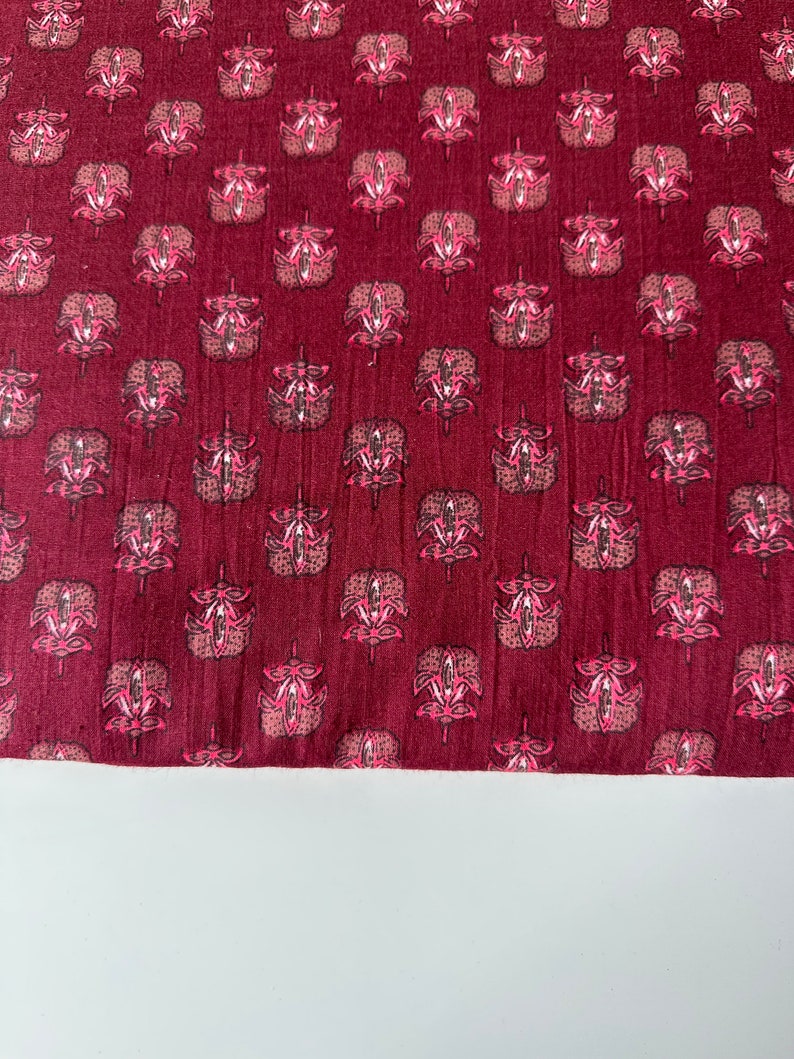 Maroon Hand Block Printed Cotton, Holiday Print, Madder dyed fabric, Combination block print fabric 170 cms Cuts, Indian cambric Cotton image 2