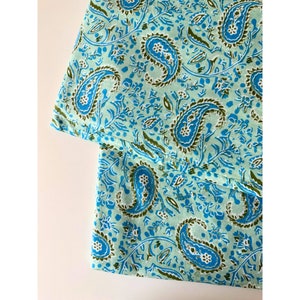 Paisley printed fabric, Blue and Pastel Green, Indian Block Print, 5 yard cuts, Hand Block Print Indian cotton, Medium weight cotton textile