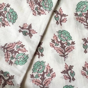 Weiss und Grün Blumen Block Gedruckt Stoff, 3 Yard schnitte nur, Indische Baumwolle, Indische Block Gedruckt Blume, Quilten Nähen