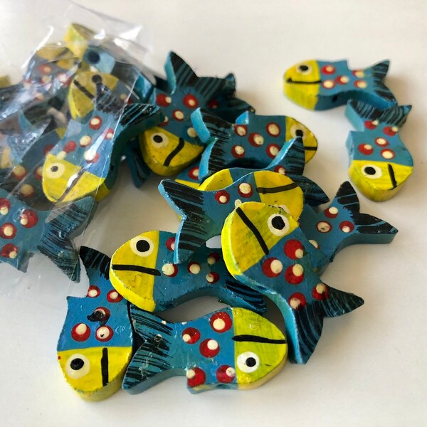 Fish Charms, Boho Beads, Wooden Buttons, Hand Carved and Hand painted buttons, Two sided fish beads, set of 6, decorative hanging bead