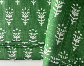 Indian Block Print Cotton Fabric, Green Floral Butta, Sewing Quilting Fabric