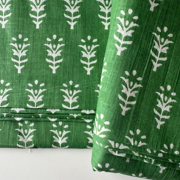 Indian Block Print Cotton Fabric, Green Floral Butta, Sewing Quilting Fabric