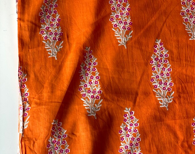 Block Print Fabric, Indian Fabric, Indian Cotton, Orange and Pink Print