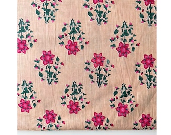 Pink Floral on Beige Block Printed Cotton Fabric, Indian Hand Block Print Textile, Quilting Sewing Fabric, Dressmaking, Apparel, Wholesale