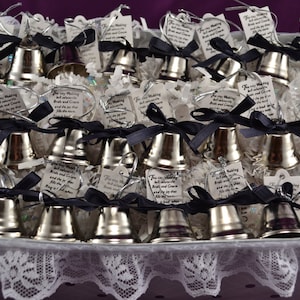 24 Bell Wedding favors, customizable, choice of ribbon color, name tag, all in a basket beautiful basket. Weddings, Favor, Bells