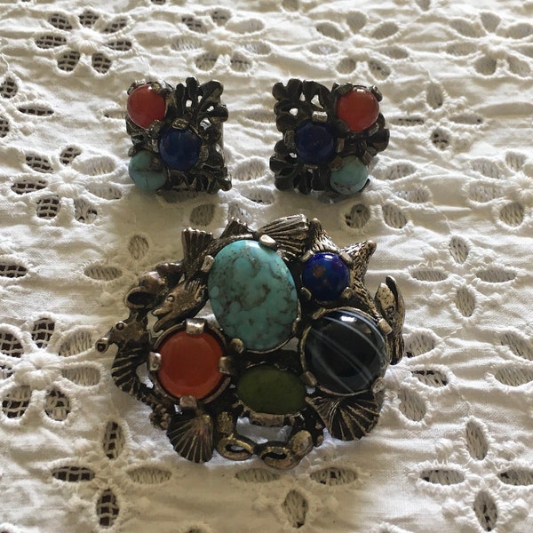 Signed Miracle sea theme brooch and clip on earrings