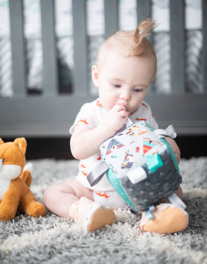teepee baby toy block woodland Baby sensory block ribbon toy native infant toy crinkle block cube sensory cloth block baby shower