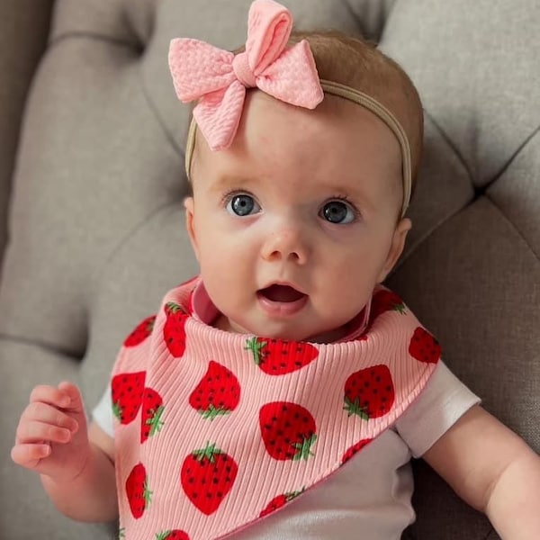 Strawberry baby drool bib, reversible baby bandana flannel baby toddler bib, snap bib, summer nursery baby shower gift,