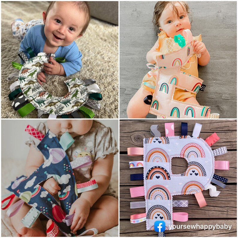 May include: A set of three colorful fabric baby toys shaped like letters. Each letter is decorated with a rainbow pattern and has multiple ribbons attached. The toys are perfect for stimulating a baby's senses and promoting fine motor skills.