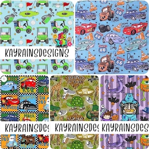 May include: A collage of fabric patterns featuring various cartoon themes including golf carts on a light blue background, characters from the movie Cars, a checkered grid with vehicle illustrations, a jungle print with sneakers, and Monsters Inc characters.