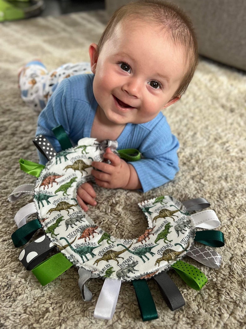 May include: A baby is playing with a dinosaur-themed sensory toy. The toy is a circle with a variety of colorful ribbons attached. The toy is made of soft fabric and has a dinosaur print.