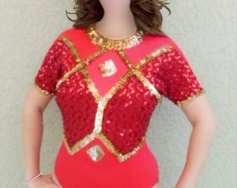 Red Gold Sequin Showgirl Carnival Samba  Burlesque Halloween Drag Parade Tap Broadway Flapper 1920s style Costume